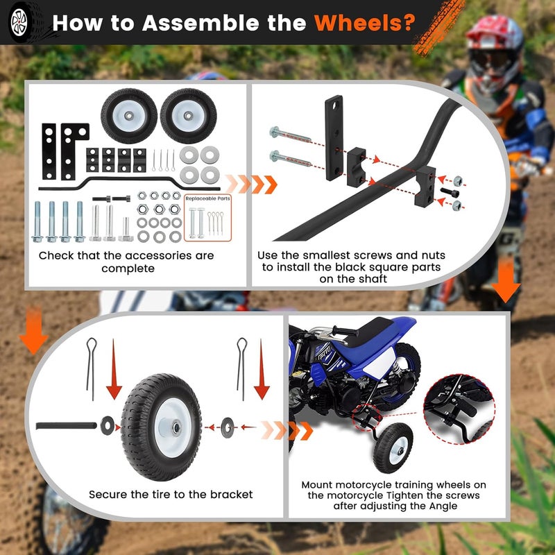 Worcest عجلات تدريب دراجة التراب، متوافقة عالمياً مع Razor MX125 MX350 MX400 MX500، PW50، هوندا XR50 CRF50 Z50 Z50R، TTR50، 50cc 49cc عجلات تدريب دراجة التراب للأطفال، سهلة التركيب باللون الأسود - Image 3